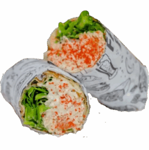 Wrap de frango defumado cortado ao meio, servido em um prato branco e polvilhado com páprica. O recheio com frango cremoso e alface é visível.